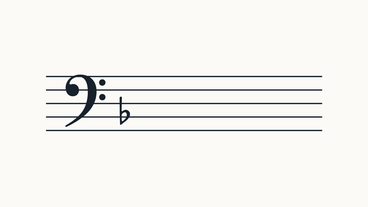 Bass clef on a five-line staff with 1 flat, left to right on B position.