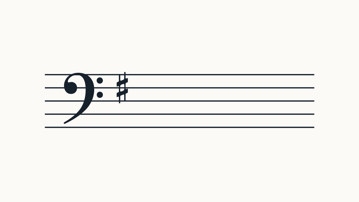Bass clef on a five-line staff with 1 sharp, left to right on F position.