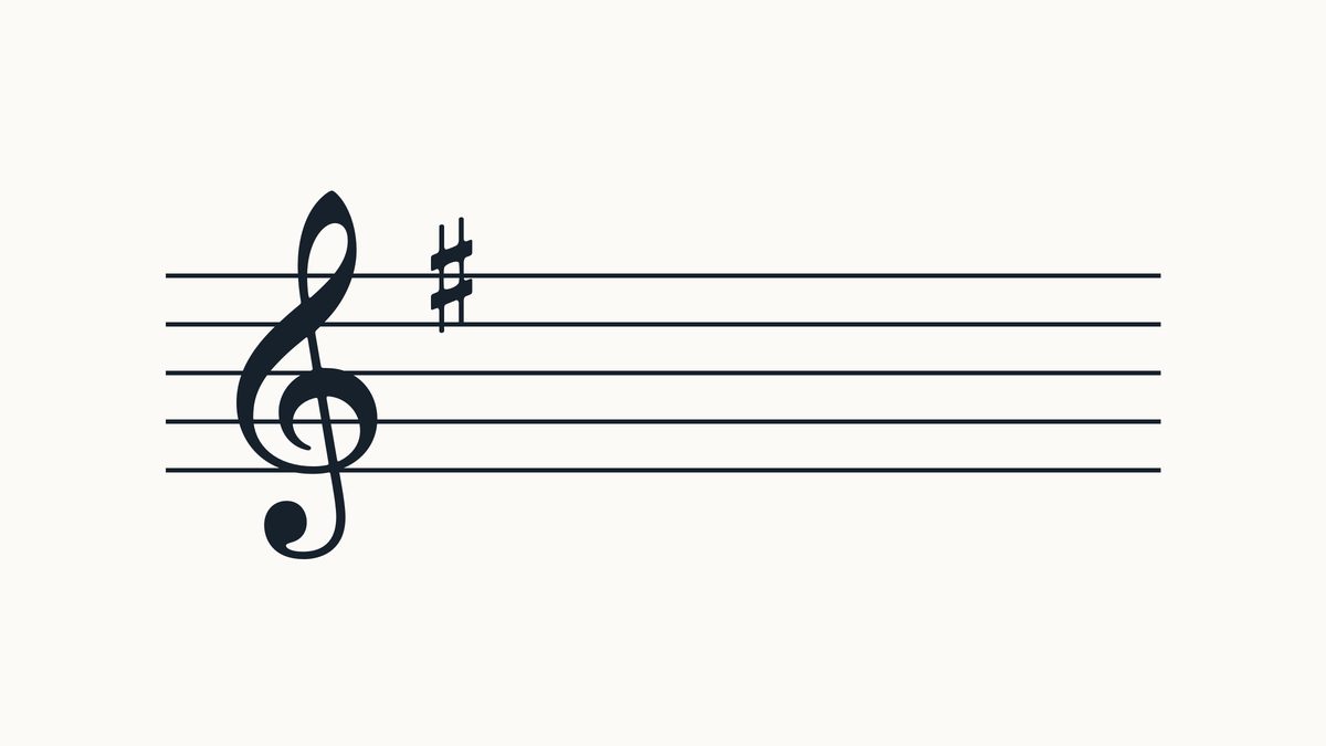 Treble clef on a five-line staff with 1 sharp, left to right on F position.