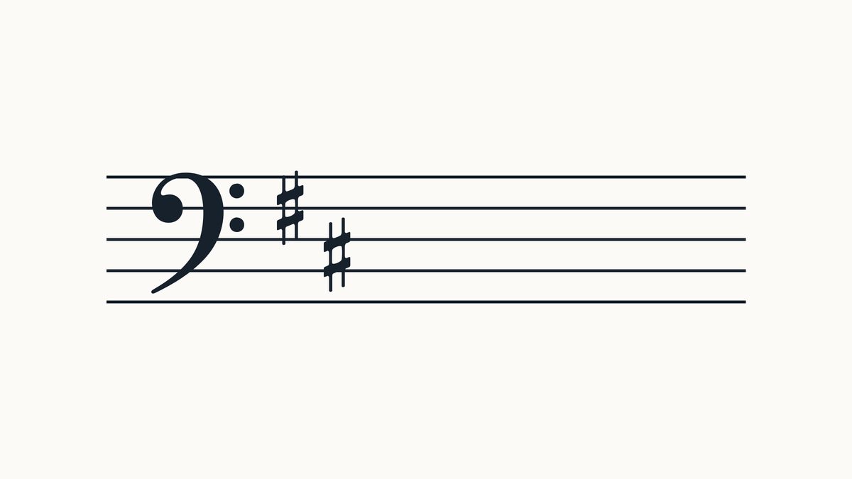 Bass clef on a five-line staff with 2 sharps, left to right on F, C positions.