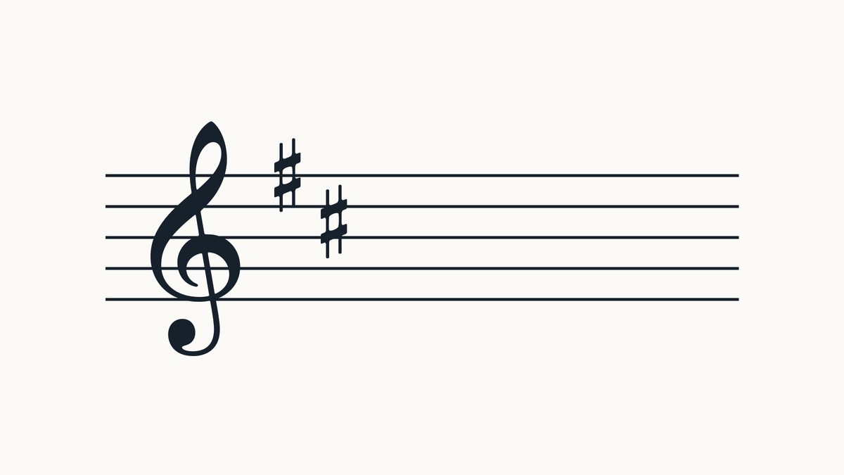 Treble clef on a five-line staff with 2 sharps, left to right on F, C positions.