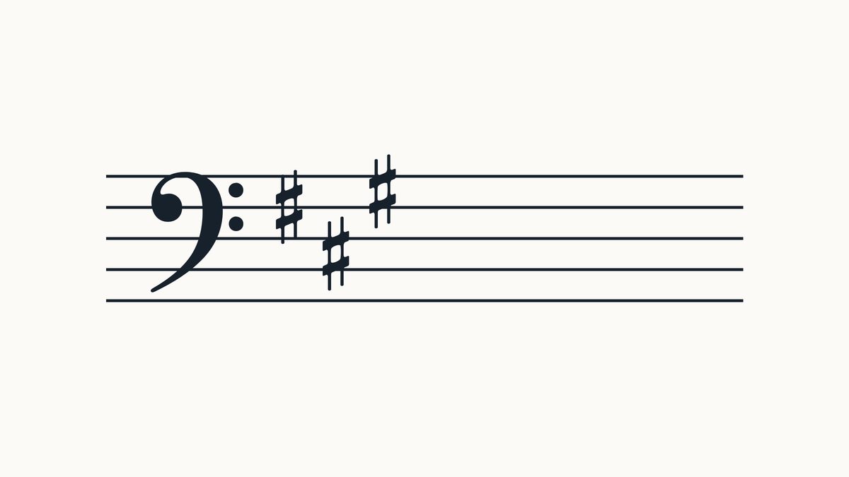 Bass clef on a five-line staff with 3 sharps, left to right on F, C, G positions.