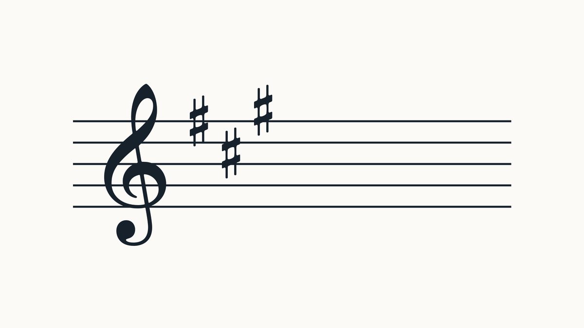Treble clef on a five-line staff with 3 sharps, left to right on F, C, G positions.
