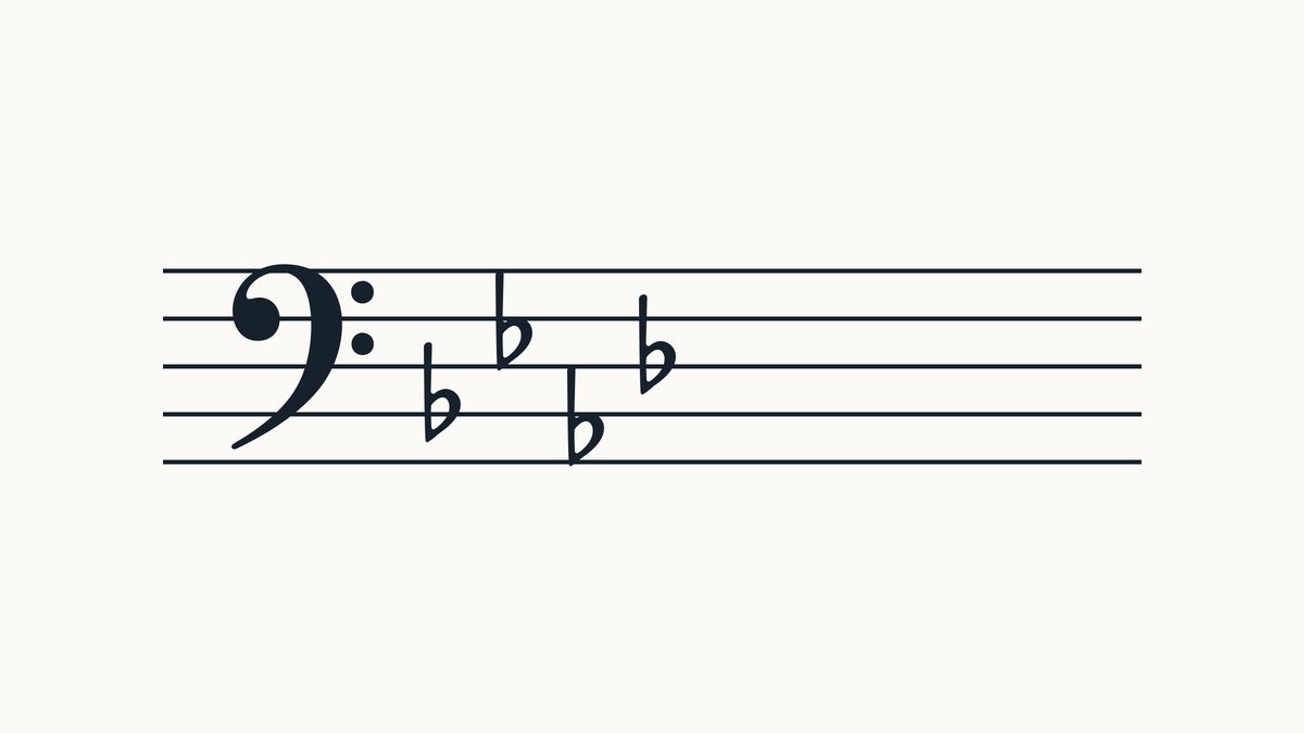 Bass clef on a five-line staff with 4 flats, left to right on B, E, A, D positions.