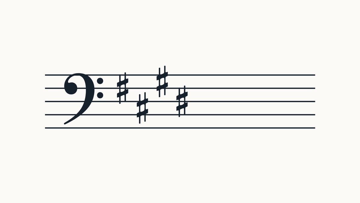 Bass clef on a five-line staff with 4 sharps, left to right on F, C, G, D positions.