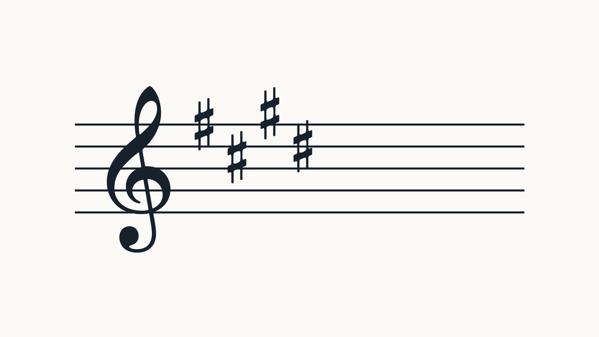 Treble clef on a five-line staff with 4 sharps, left to right on F, C, G, D positions.