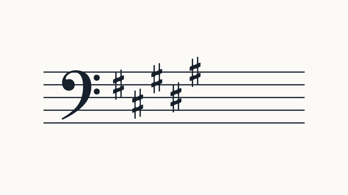 Bass clef on a five-line staff with 5 sharps, left to right on F, C, G, D, A positions.