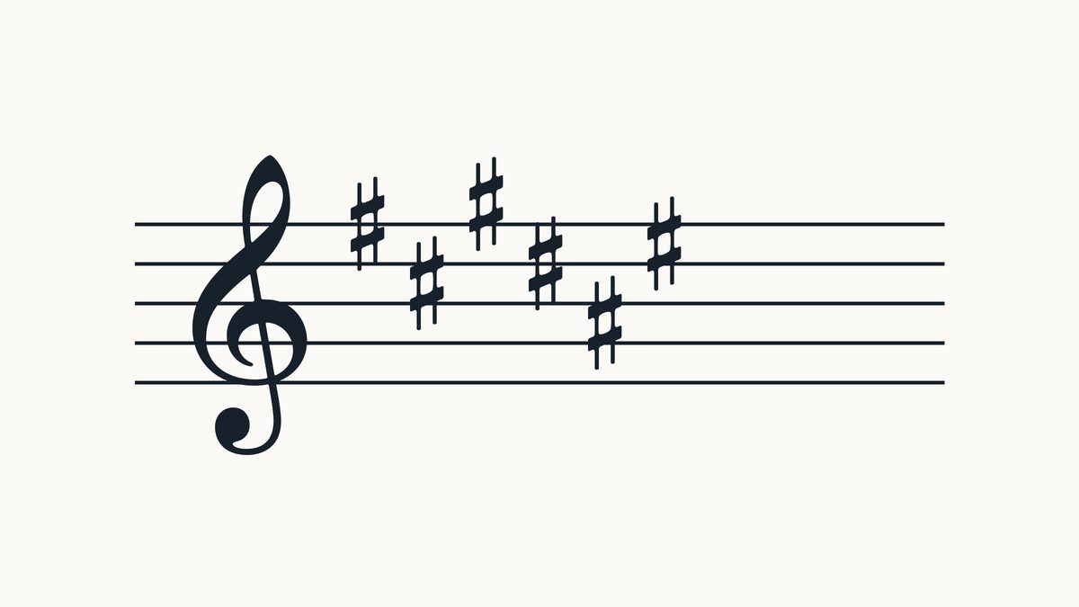 Treble clef on a five-line staff with 6 sharps, left to right on F, C, G, D, A, E positions.