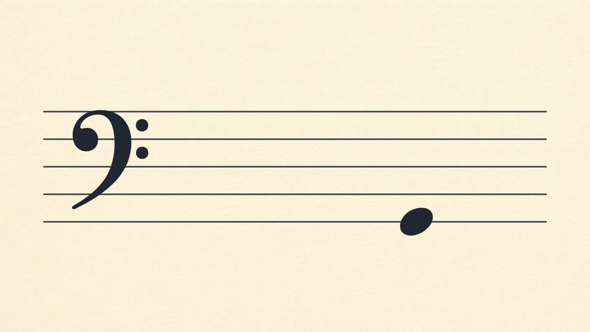 Bass clef staff with one natural note on the first line.