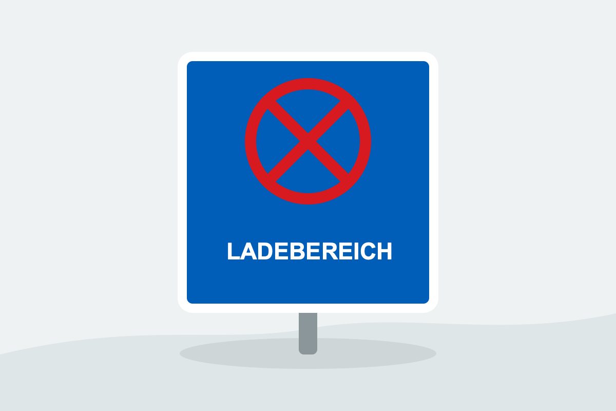 Eigenständig gezeichnetes Verkehrszeichen mit einem blauen Rechteck mit rot gekreuztem Haltzeichen und weißer Aufschrift LADEBEREICH.