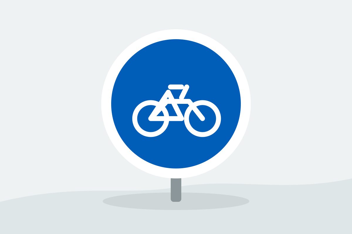 Eigenständig gezeichnetes Verkehrszeichen mit einem blauen Kreis und einem weißen Fahrrad.