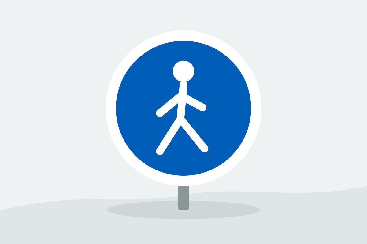 Eigenständig gezeichnetes Verkehrszeichen mit einem blauen Kreis und einer weißen gehenden Person.