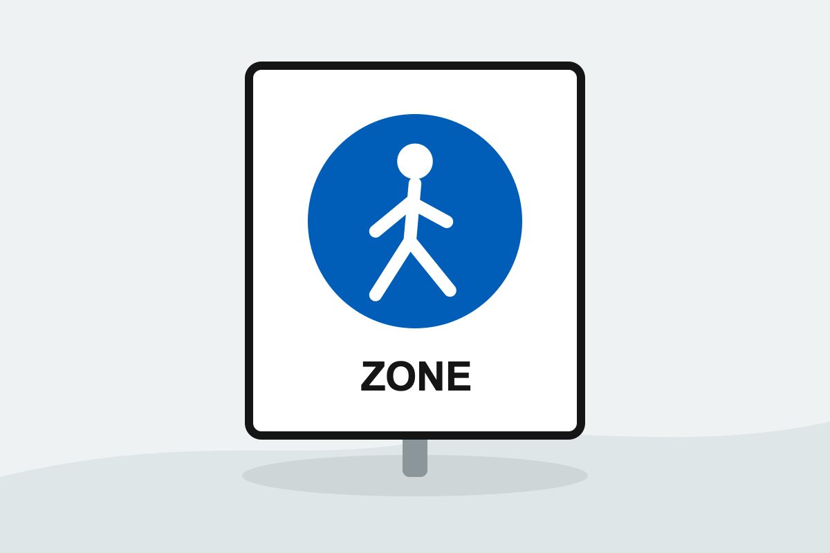 Eigenständig gezeichnetes Verkehrszeichen mit einer weißen Rechtecktafel mit blauem Fußgängersymbol und dem Wort ZONE.