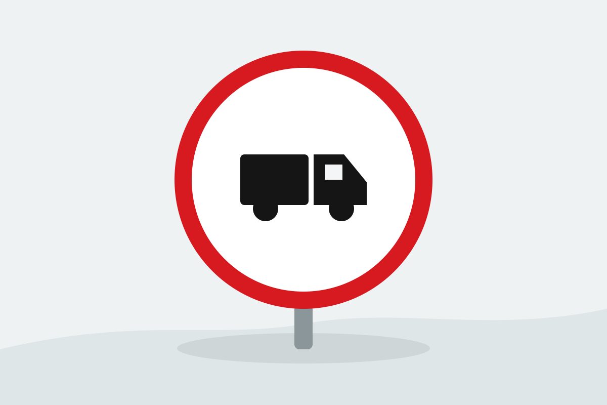 Eigenständig gezeichnetes Verkehrszeichen mit einem rot umrandeten weißen Kreis und einem schwarzen Lastkraftwagen.