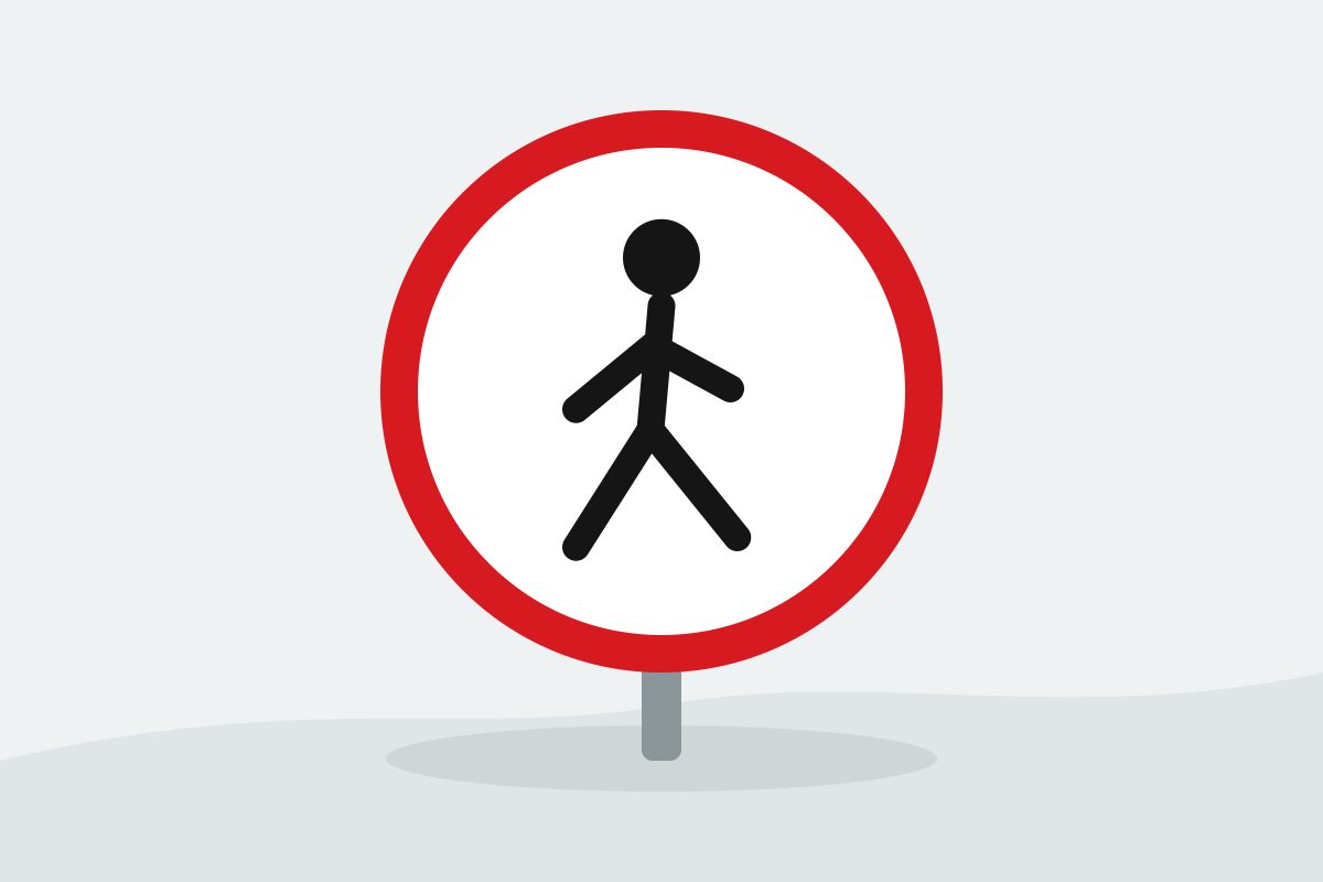 Eigenständig gezeichnetes Verkehrszeichen mit einem rot umrandeten weißen Kreis und einer schwarzen gehenden Person.