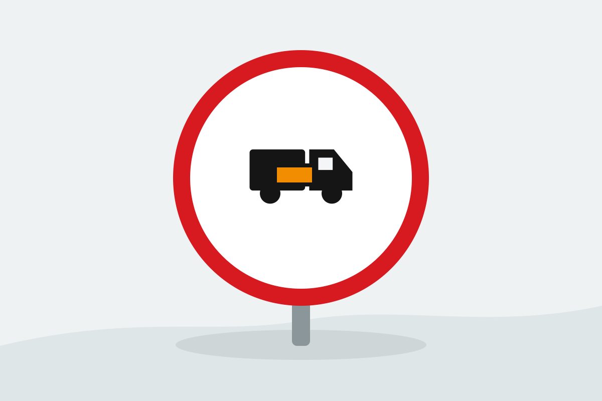Eigenständig gezeichnetes Verkehrszeichen mit einem rot umrandeten weißen Kreis mit schwarzem Lastwagen und Gefahrgutmarke.