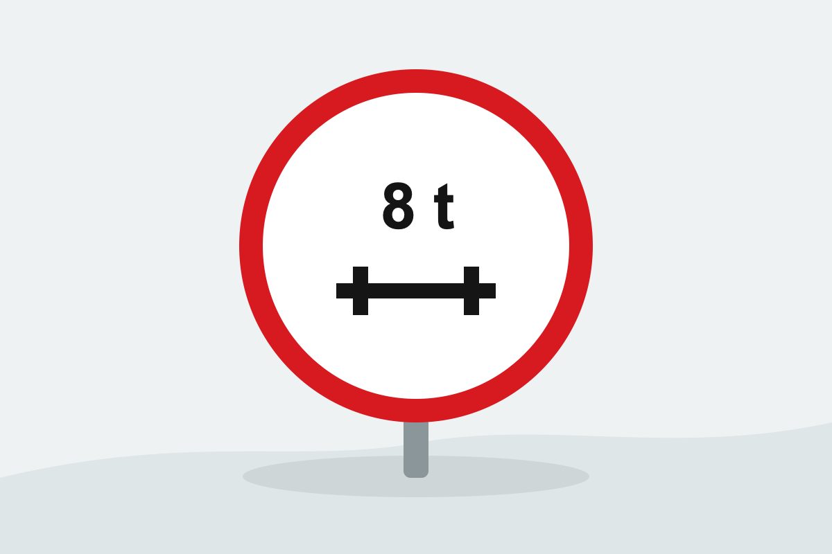 Eigenständig gezeichnetes Verkehrszeichen mit einem rot umrandeten weißen Kreis mit Achsensymbol und 8 t.