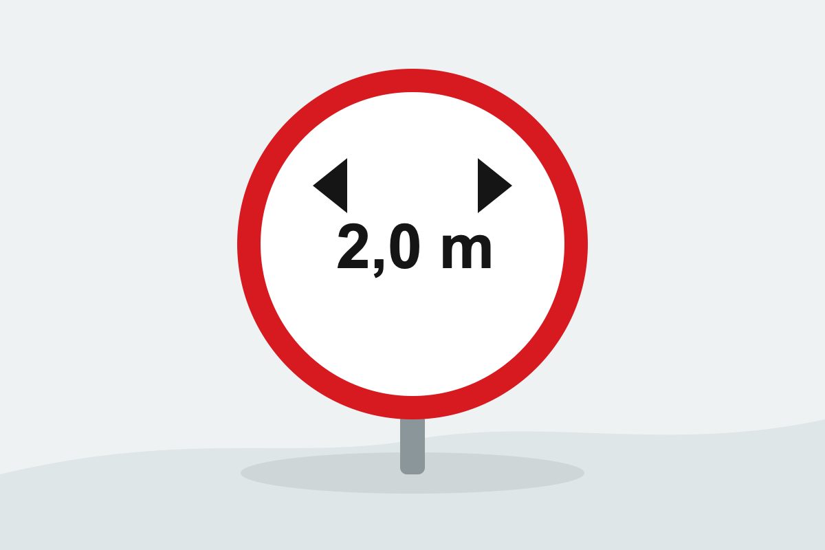 Eigenständig gezeichnetes Verkehrszeichen mit einem rot umrandeten weißen Kreis mit seitlichen Maßpfeilen und 2,0 m.