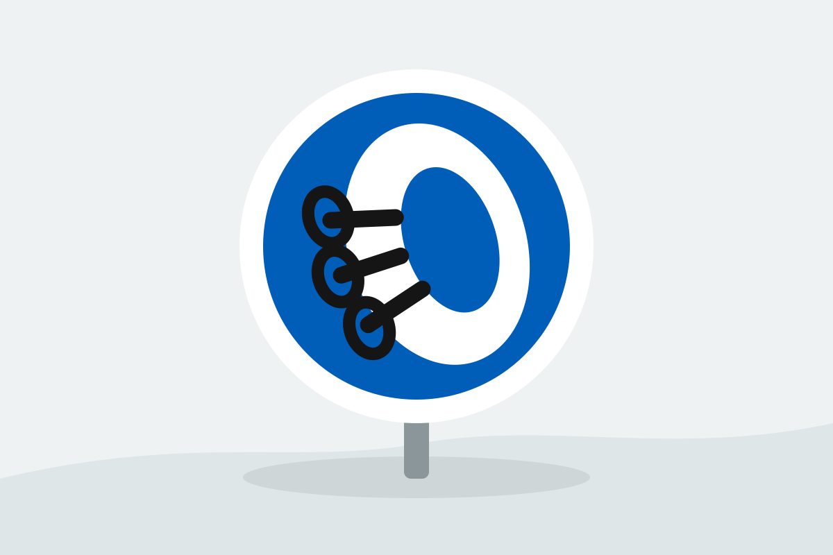 Eigenständig gezeichnetes Verkehrszeichen mit einem blauen Kreis mit einem schrägen weißen Ring, drei dunklen Querbändern und ovalen Seitengliedern.