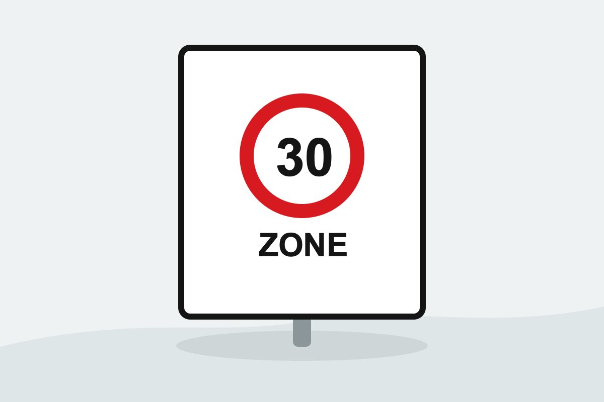 Eigenständig gezeichnetes Verkehrszeichen mit einer weißen Rechtecktafel mit rot umrandeter 30 und dem Wort ZONE.