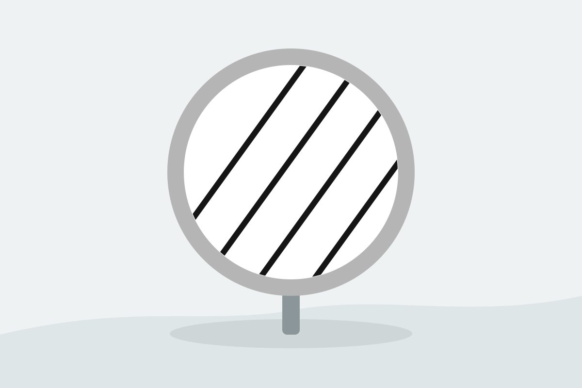 Eigenständig gezeichnetes Verkehrszeichen mit einem weißen Kreis mit mehreren schwarzen Diagonalstrichen.