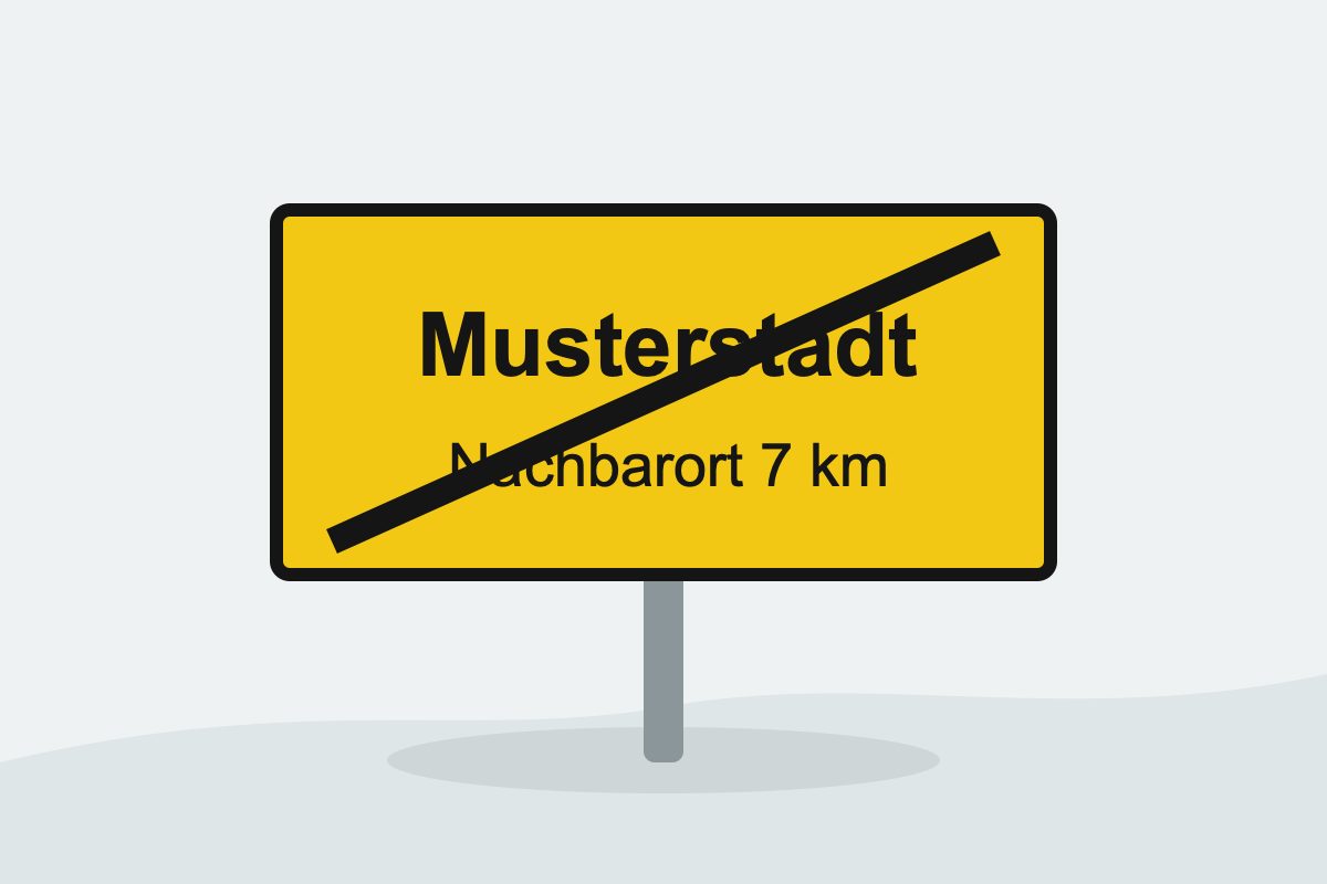 Eigenständig gezeichnetes Verkehrszeichen mit einer gelben Ortstafel mit schwarzem Diagonalstrich und nächstem Ortsnamen.