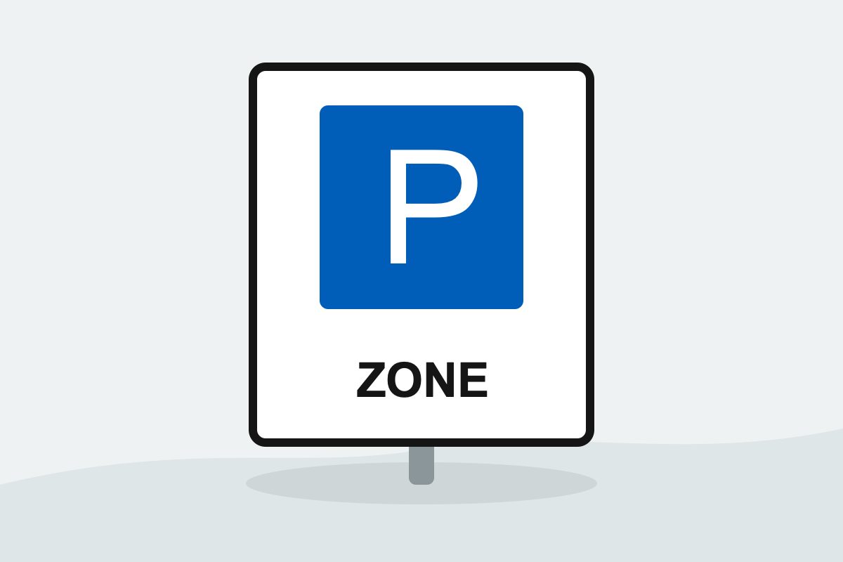 Eigenständig gezeichnetes Verkehrszeichen mit einer weißen Rechtecktafel mit einem blauen Parkzeichen über dem Wort ZONE.