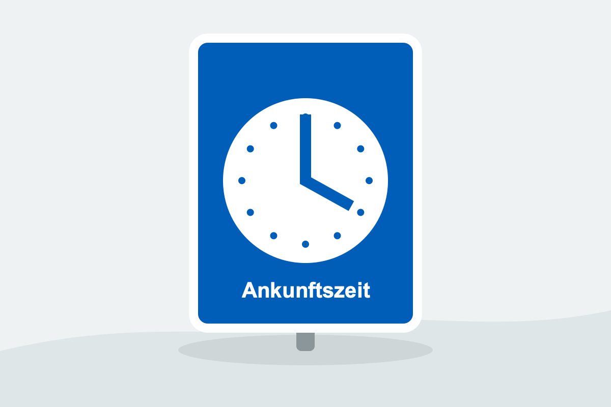 Eigenständig gezeichnetes Verkehrszeichen mit einem blauen Hochrechteck mit weißem Zifferblatt, Zeiger und der Aufschrift Ankunftszeit.
