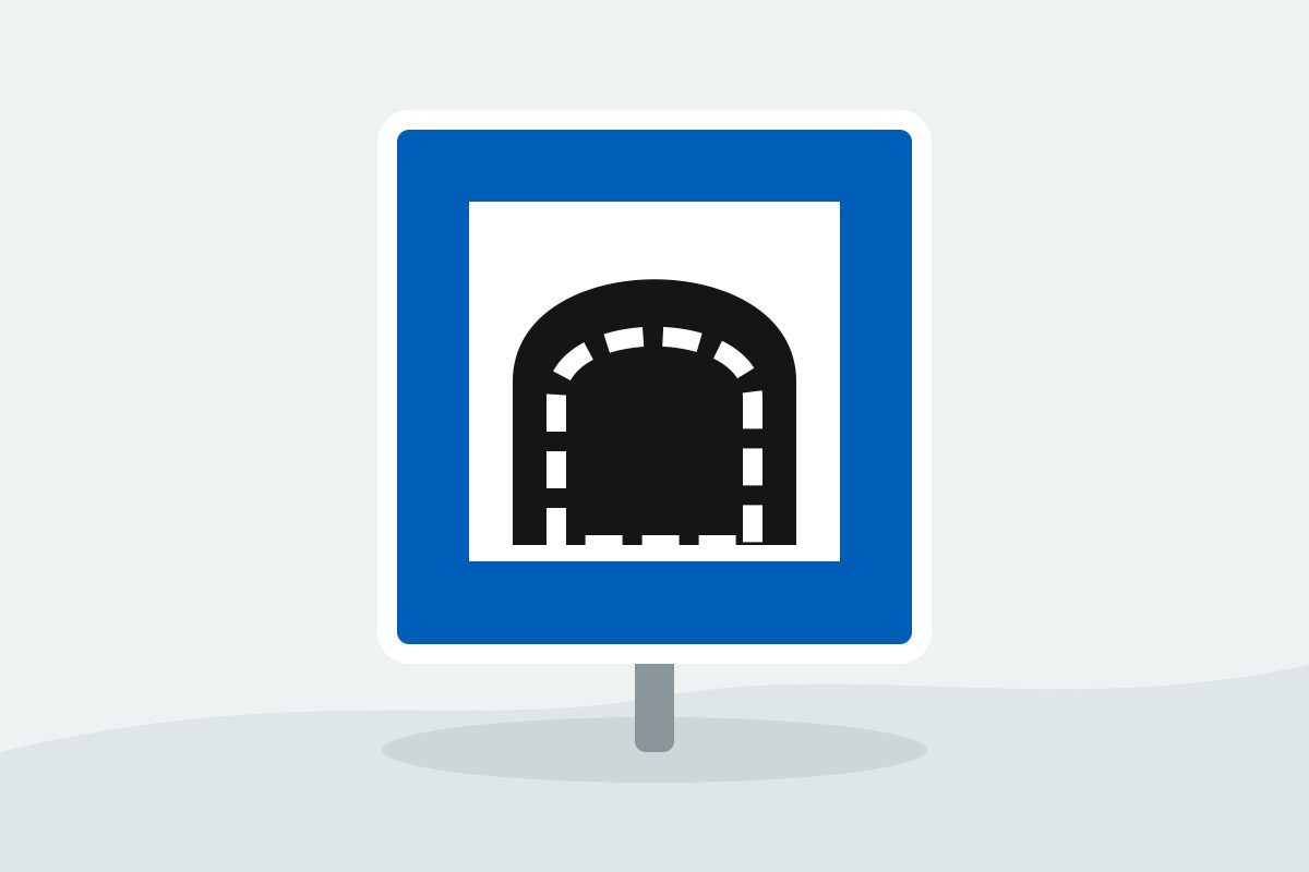 Eigenständig gezeichnetes Verkehrszeichen mit einem blauen Quadrat mit weißer Innentafel und schwarzem Rundbogenportal.