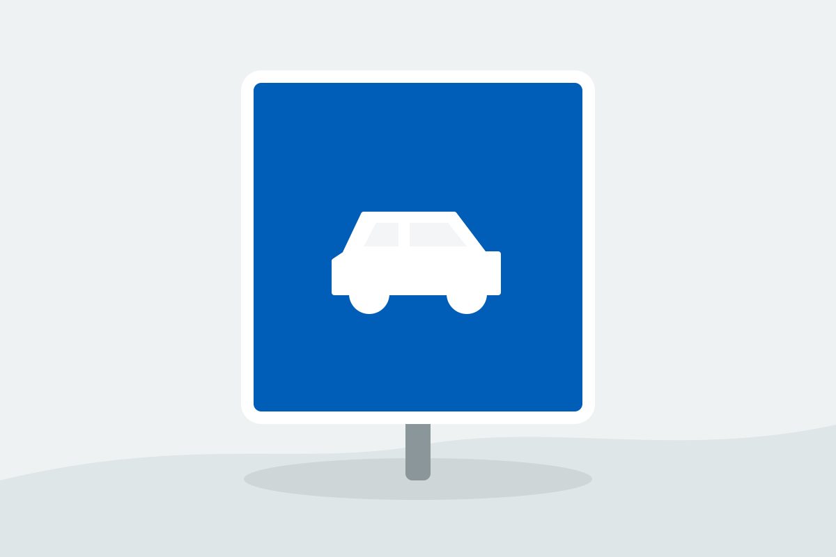Eigenständig gezeichnetes Verkehrszeichen mit einem blauen Rechteck mit weißem Auto.