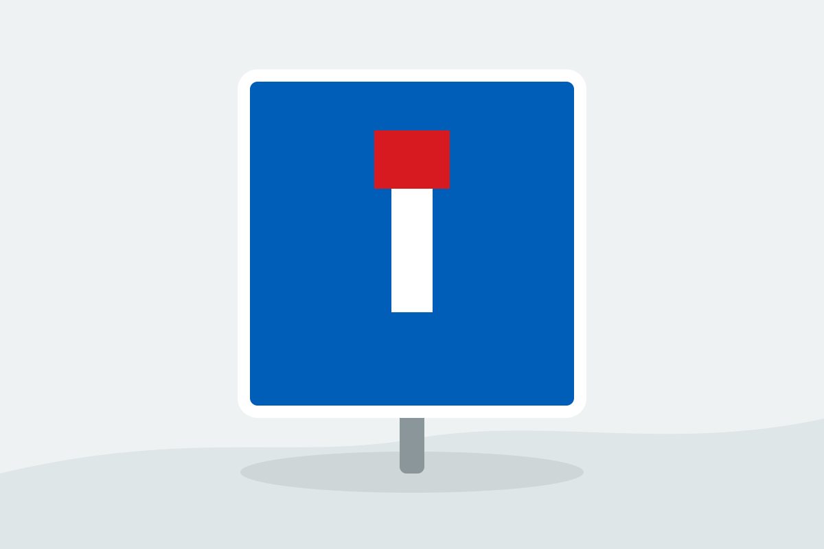 Eigenständig gezeichnetes Verkehrszeichen mit einem blauen Quadrat mit weißem senkrechtem Balken und rotem Abschlussfeld.