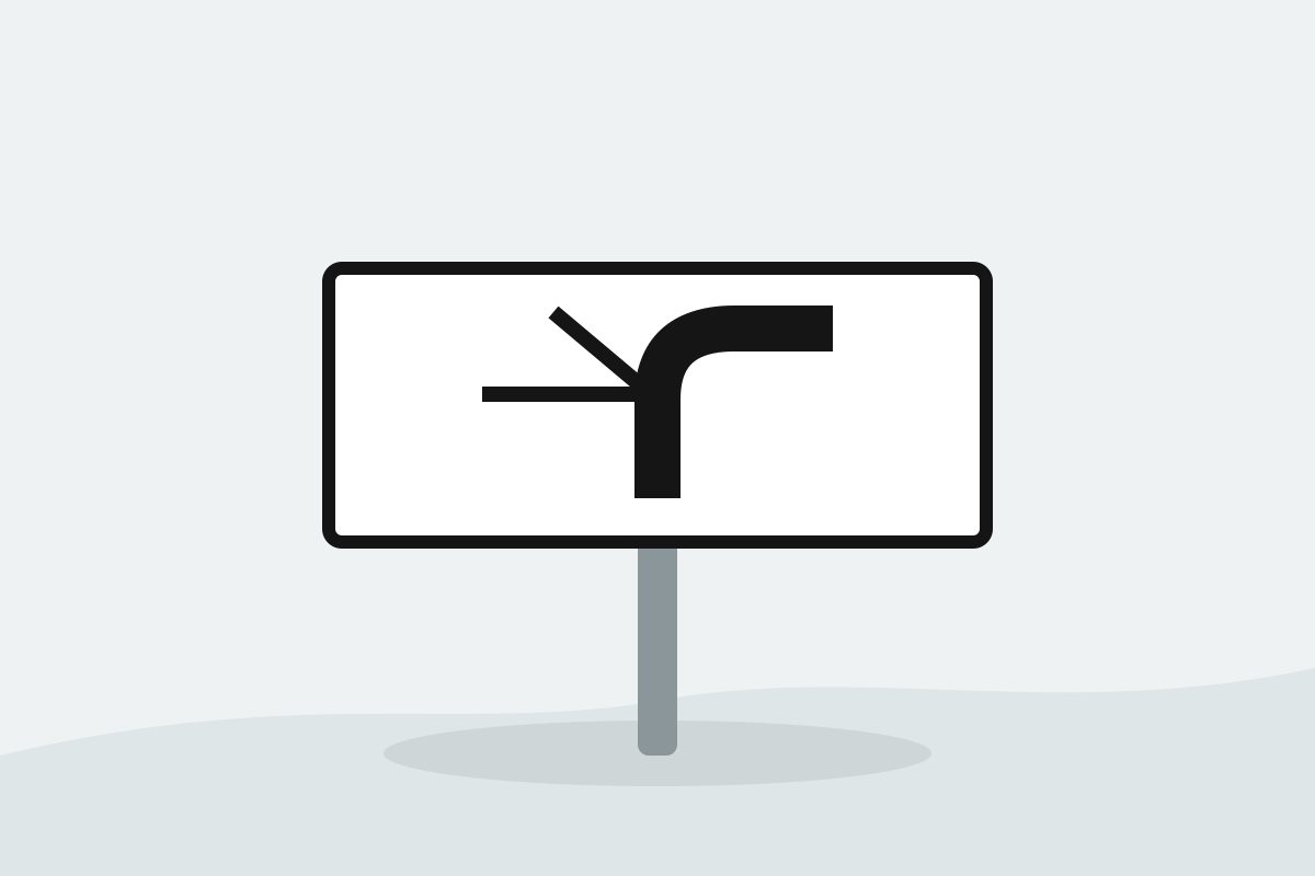 Eigenständig gezeichnetes Verkehrszeichen mit einer weißen Zusatztafel mit dick abknickender und zwei dünnen Straßenlinien.