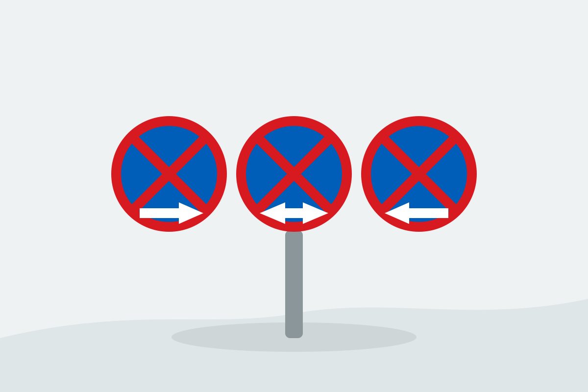 Eigenständig gezeichnetes Verkehrszeichen mit drei blau-roten Haltzeichen mit weißem Rechts-, Doppel- und Linkspfeil.