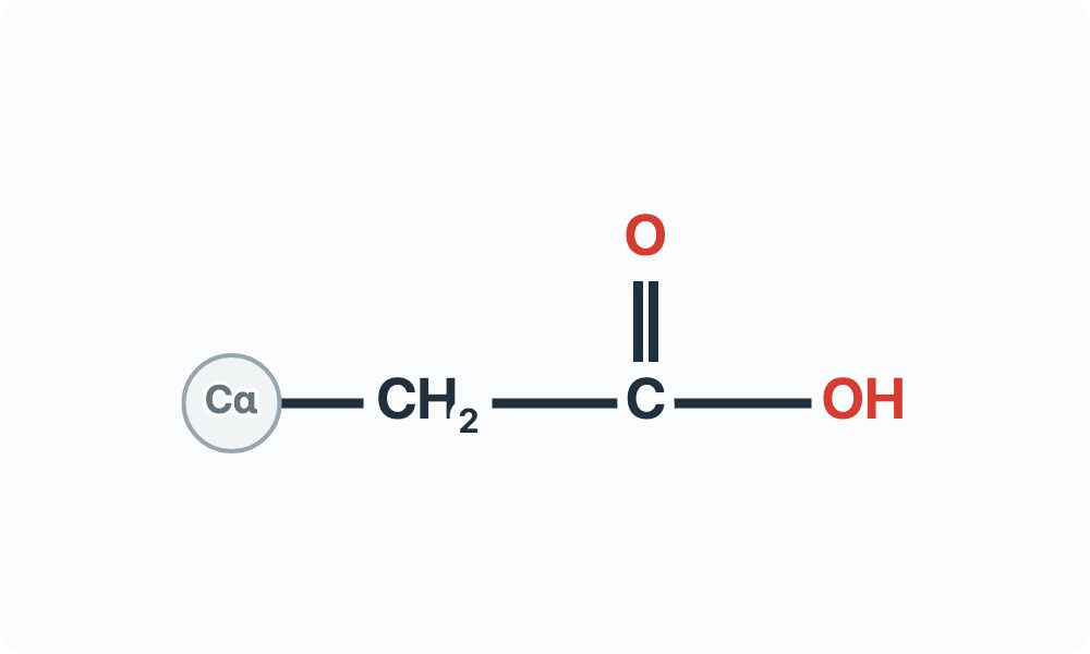 Side-chain diagram showing CH₂–C(=O)–OH from the Cα attachment marker.