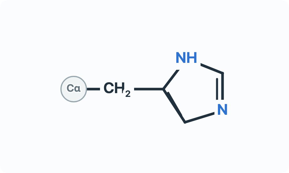 Side-chain diagram showing CH₂ joined to a five-membered ring containing NH and N from the Cα attachment marker.