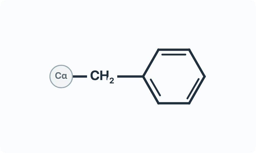 Side-chain diagram showing CH₂ joined to a six-membered ring with alternating double bonds from the Cα attachment marker.