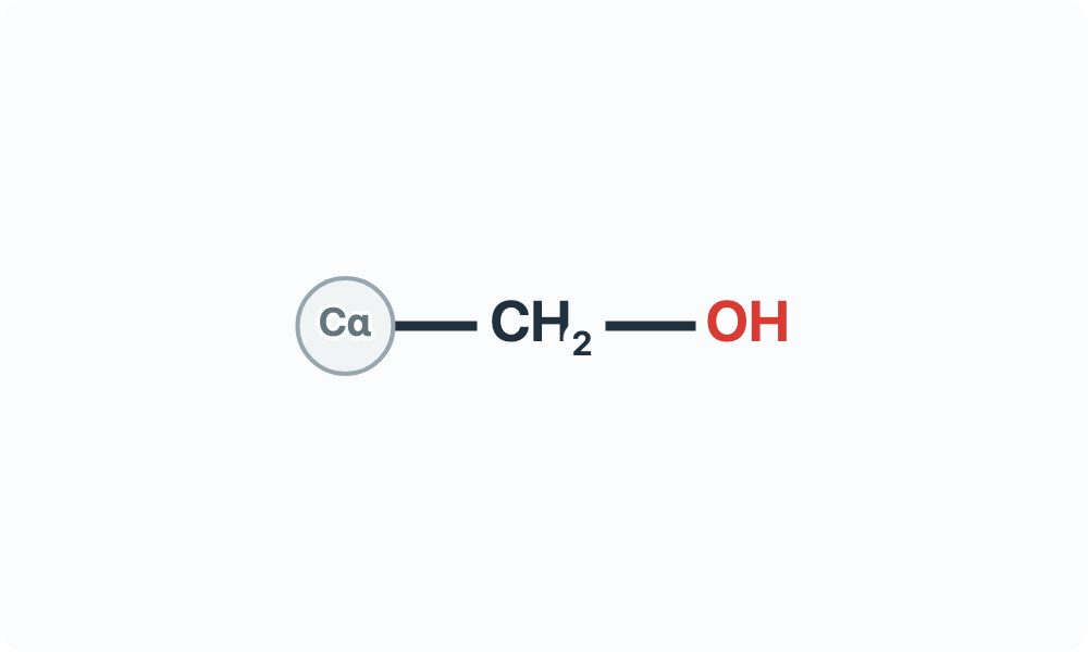 Side-chain diagram showing CH₂–OH from the Cα attachment marker.